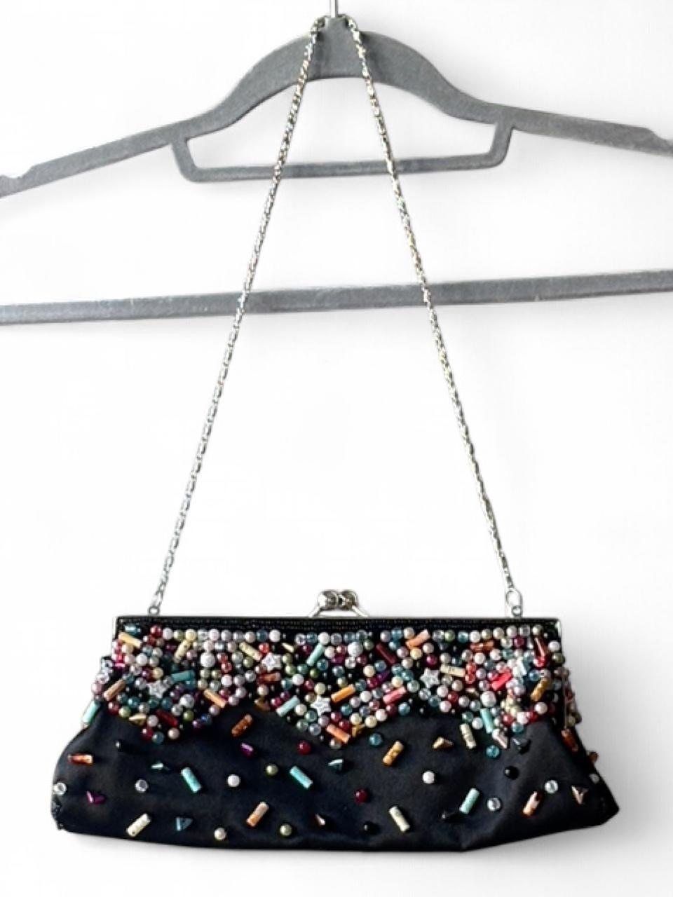 Y2k Black Colourful Beaded Clutch Mini Bag With Shoulder Strap